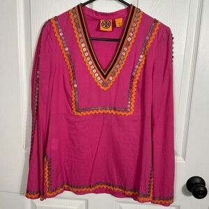 Tory Burch embellished hot pink blouse, size 4, v neck, fall, paillettes